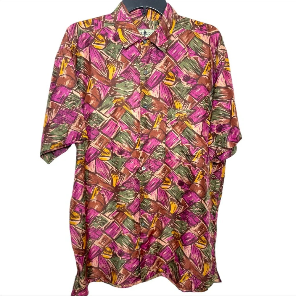 Vintage Robert stock 100% silk short sleeve abstract printed button down shirt M